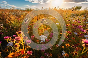 Sunlit scene featuring a field of colorful, blossoming flowers, with bees busily flying from flower to flower, collecting nectar