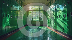 Sunlit school corridor with green lockers