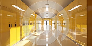 Sunlit School Corridor with Yellow Lockers