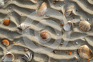 Sunlit Seashells Strewn Along Sandy Beach Texture