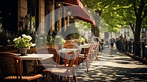 Sunlit Sidewalk Cafe in Early Morning