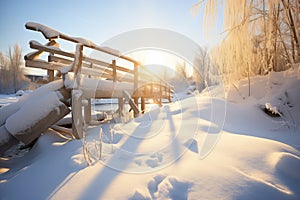sunlit snow bridge with animal tracks, icebound stream photo