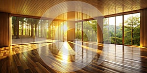Sunlit spacious room with hardwood floor and expansive forest view through large windows. Generative AI