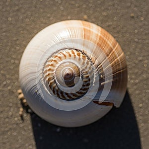 A sunlit spiral shell on sandy ground, possibly a moon snail (Polinices species). The shell