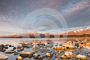 Sunlit stones on sunset, Lake Tekapo, New Zealand