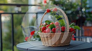 Sunlit Strawberries in a Basket on a Garden Table
