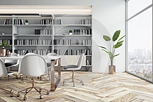 Sunlit stylish meeting room interior design with modern white table and chairs on golden legs, wooden floor and light wall