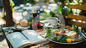 Sunlit table with healthy food and open book. Perfect for a leisurely brunch. photo