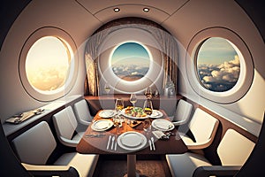 Sunlit Tables, Booze, Cutlery, and In-Flight Dining with a View of the Clouds from a Modern Business Jet Interior. Generative AI