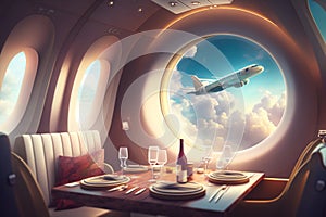 Sunlit Tables, Booze, Cutlery, and In-Flight Dining with a View of the Clouds from a Modern Business Jet Interior. Generative AI