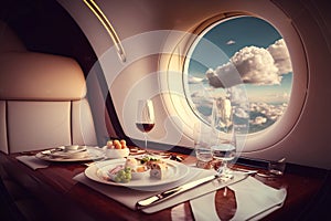 Sunlit Tables, Booze, Cutlery, and In-Flight Dining with a View of the Clouds from a Modern Business Jet Interior. Generative AI