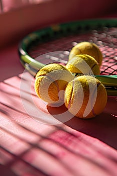 Sunlit tennis balls resting on a racket\'s strings casting shadows