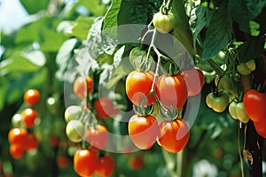 Sunlit tomatoes progressively ripening under the radiant rays of the sun