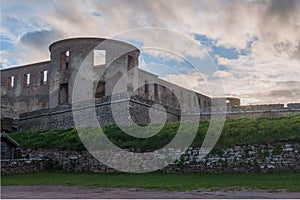 Sunlit tower by Borgholm Castle in Sweden in spring season