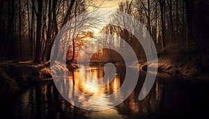 Sunlit tree reflects in tranquil autumn pond generated by AI