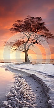 Sunlit Tree On Shore At Sunset: A Vibrant Fantasy Landscape