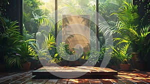 Sunlit tropical indoor garden with mirror - generative ai photo