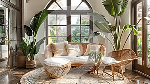 Sunlit Tropical Living Room with Lush Indoor Plants and Wicker Furniture Biophilic Design
