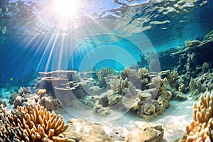 sunlit underwater scene with a disintegrating coral reef