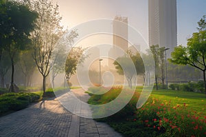 Sunlit Urban Park with Blooming Flowers Pathway