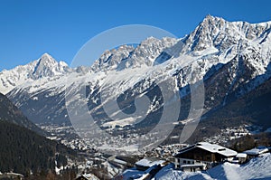 Sunlit valley of Chamonix in winter