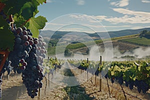 Sunlit vineyard with ripe grapes on a misty morning