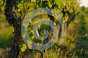 Sunlit vineyard row with close-up of grapevine in evening