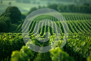 Sunlit vineyard rows in lush green landscape at dawn