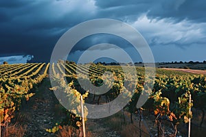 Sunlit vineyard under a threatening stormy sky