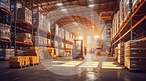 Sunlit warehouse filled with rows of high shelves stocked with pallets and boxes, and a forklift ready for operation