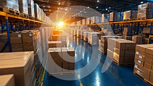 Sunlit warehouse with stacked pallets and boxes