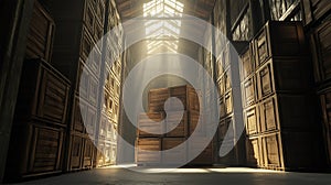 Sunlit Warehouse with Stacked Wooden Crates photo