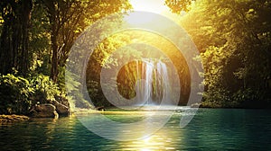 Sunlit Waterfall in Lush Green Forest