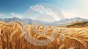 Sunlit Wheat Field: Photorealistic Mountain Landscape