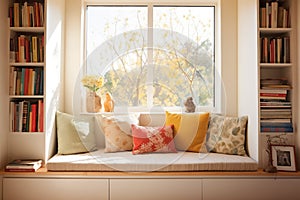 sunlit window seat with plush cushions and open book