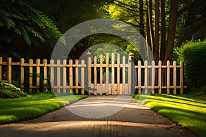 Sunlit Wooden Gate Opening to Enchanting Green Forest Pathway