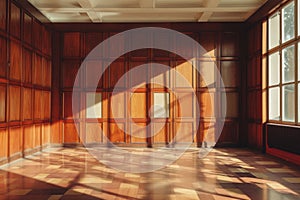 Sunlit wooden wall paneling and floor in an empty room photo