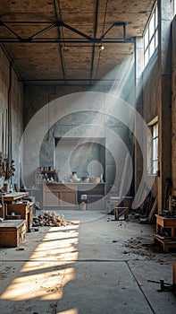 Sunlit workshop with tools and equipment in a rustic industrial setting
