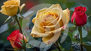 Sunlit Yellow Rose With Pink Tips And Raindrops