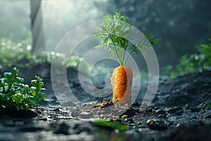 Sunlit Young Carrot Plant Growing in Fertile Soil with Morning Mist Concept of Organic Farming, Healthy Eating, and Nature