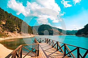 Sunnet Lake Pier, Clean Water and blue sky, Mountain Forests at the far end, Bolu, Turkey