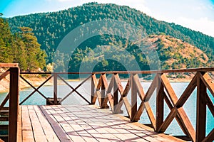 Sunnet Lake Pier, Clean Water and blue sky, Mountain Forests at the far end, Bolu, Turkey