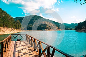 Sunnet Lake Pier, Clean Water and blue sky, Mountain Forests at the far end, Bolu, Turkey