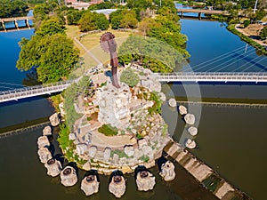 Sunny aerial view of The Keeper of the Plains