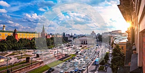 Sunny aerial view on Kremlin, Red Wall and Mokhovaya street with sunset light leak