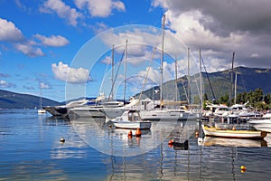 Sunny autumn day. Beautiful Mediterranean landscape. View of Kotor Bay near Tivat city. Montenegro