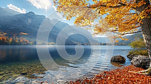 Sunny autumn day at beautiful mountain lake with clouds .