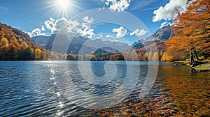 Sunny autumn day at beautiful mountain lake with clouds .