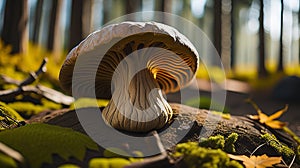 Sunny Autumn Forest: Exploring Edible Cep Mushrooms in Nature.