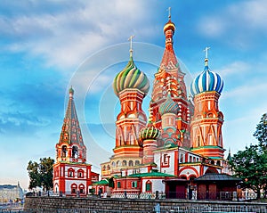 Sunny autumn morning at St. Basil`s Cathedral on Red Square, Mos